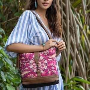 Myra Exuberance Shoulder Bag Pink Floral Woven & Canvas With Leather Strap Boho